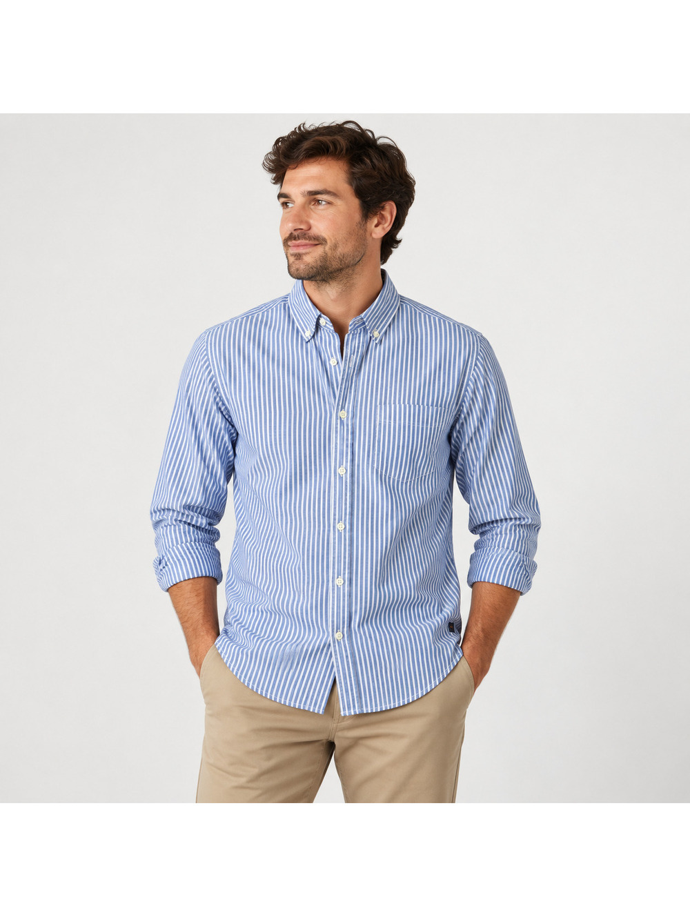 Relwen Men's Blue White Striped Cotton Button Down Shirt Size S
